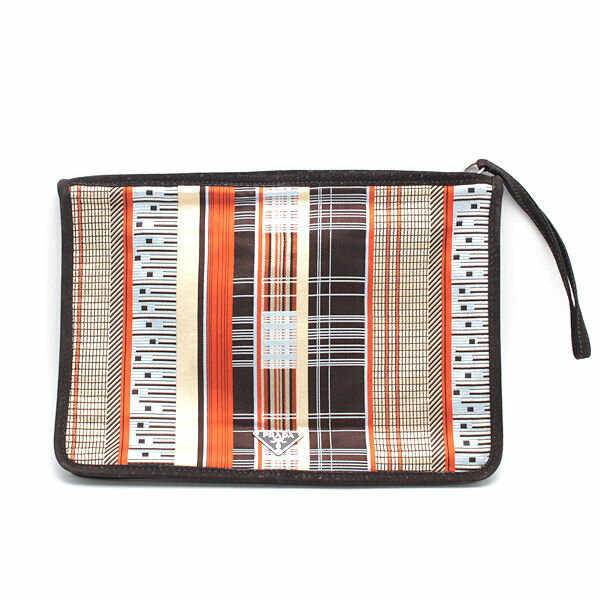 PRADA プラダ クラッチバッグ Holliday&Brown VA0302 シルク レザー JACQUARD MADRAS ARANCIO 11938 【中古】