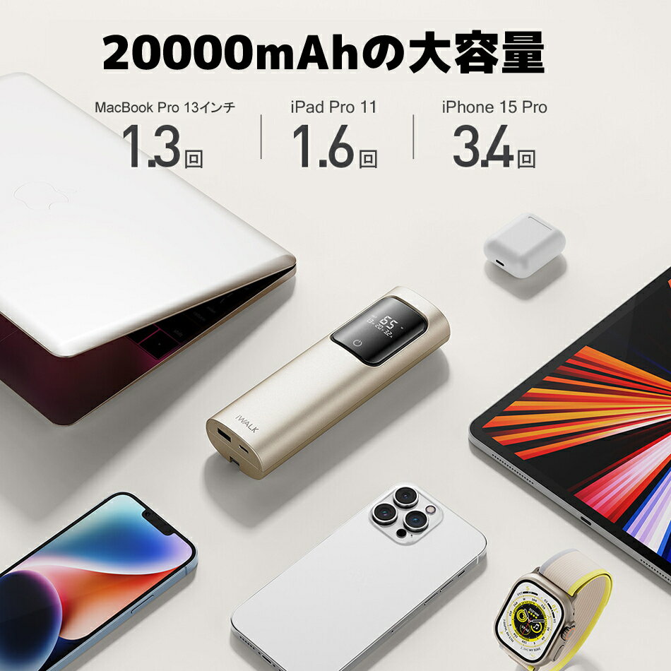 iWALK モバイルバッテリー TANKER 20000mAh 65W急速充電 3台同時充電 USB-C Mac Book iPhone iPad Air Pods Apple Watch ノートPC タブレット 3