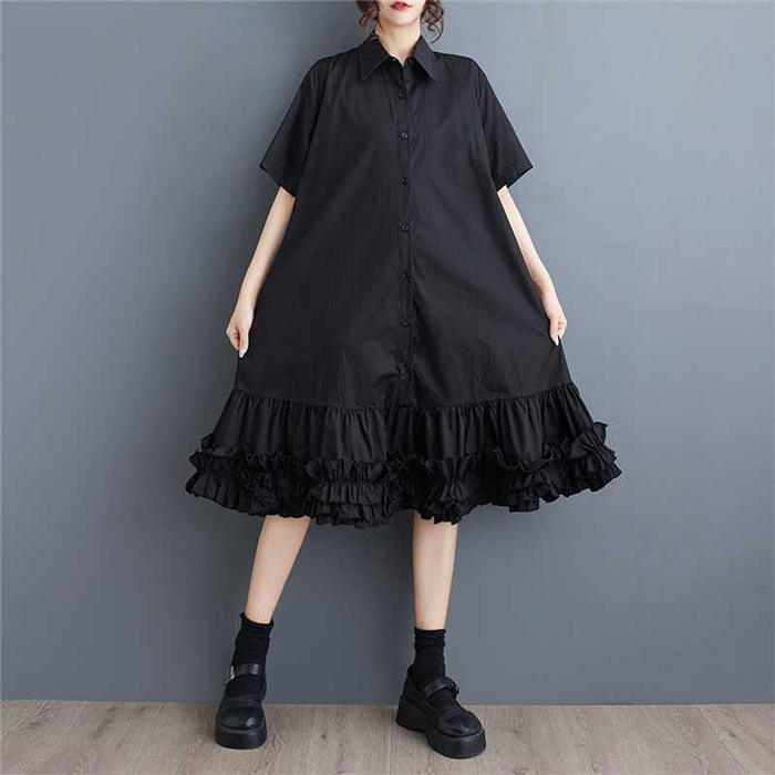 シャツ ワンピース レディース 夏 半袖 フレアワンピース フリル ティアード Aライン 膝下ミモレ丈 黒 シャツワンピース ゆったり ゆる カジュアル オシャレ ファッション オーバーサイズ 大きいサイズ 体型カバー 無地 おしゃれ 30代 40代 50代 通勤 オフィス ブラック