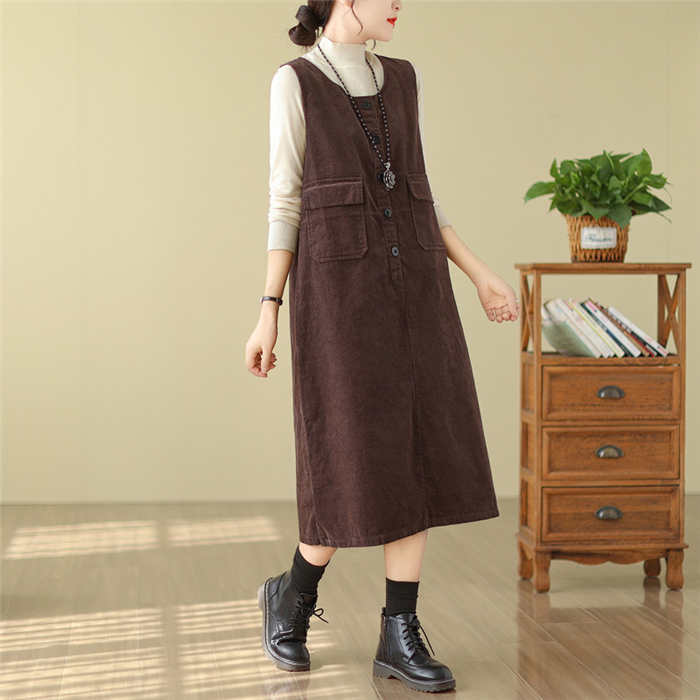 コーデュロイ ジャンパースカート 秋 冬 ワンピース 秋冬 きれいめ ノースリーブ レディース ミモレ丈 ポケット付き サロペットスカート 大人 大きいサイズ ジャンスカ オールインワン 通勤 オフィス 重ね着 レイヤード 40代 50 クールネック タンクトップワンピース