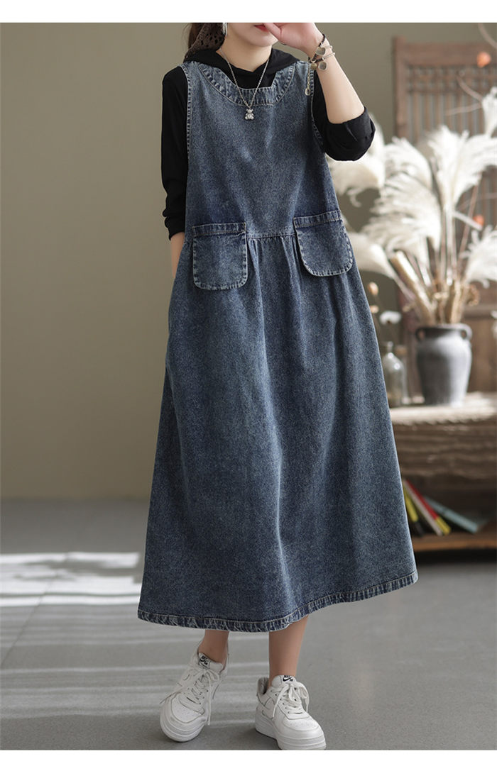 ジャンパースカート デニム ワンピース 春 秋冬 ロング ノースリーブ レディース クールネック ジャンパースカート 大人 大きいサイズ ジャンスカ オールインワン デニムワンピース 通勤 オフィス 重ね着 おしゃれ 切り替え aライン 50代 30代 40代 新作 送料無料