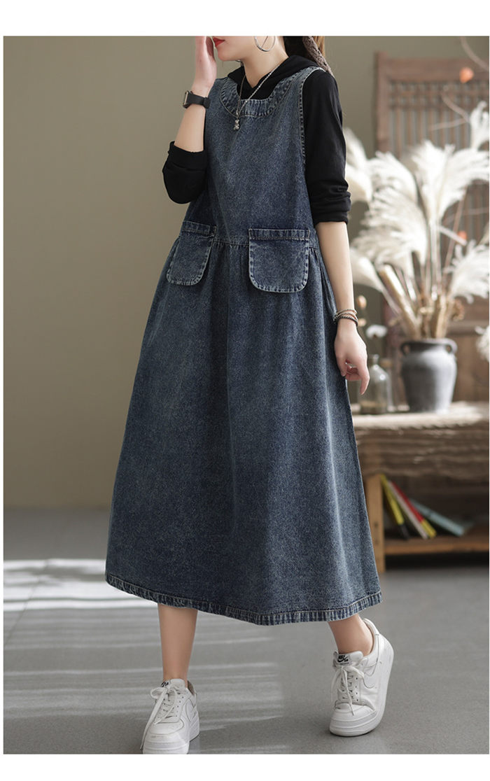 ジャンパースカート デニム ワンピース 春 秋冬 ロング ノースリーブ レディース クールネック ジャンパースカート 大人 大きいサイズ ジャンスカ オールインワン デニムワンピース 通勤 オフィス 重ね着 おしゃれ 切り替え aライン 50代 30代 40代 新作 送料無料
