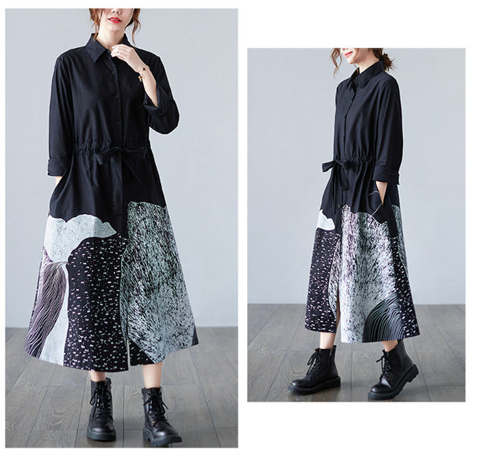 シャツ ワンピース 長袖 シャツワンピース ロング 長袖 aラインワンピース レディース ロングワンピース 大きいサイズ 柄 ワンピ ロングワンピ ギャザー ハイウエスト 春 秋 ウエストひも付き 美脚 通勤 春 着痩せ 上品 きれいめ 50代 30代 40代 新作 定番 送料無料