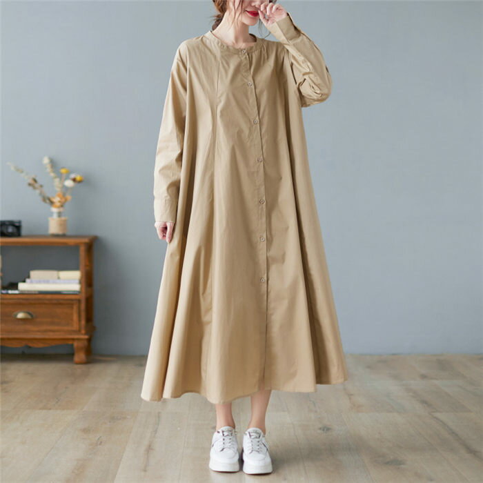 シャツ ワンピース 長袖 シャツワンピース ロング フレアワンピース aラインワンピース レディース ロングワンピース 大きいサイズ ワンピ ロングワンピ バンドカラー aライン フレア 春 秋 切り替え 通勤 春 着痩せ カジュアル 50代 30代 40代 新作 定番 黒 送料無料