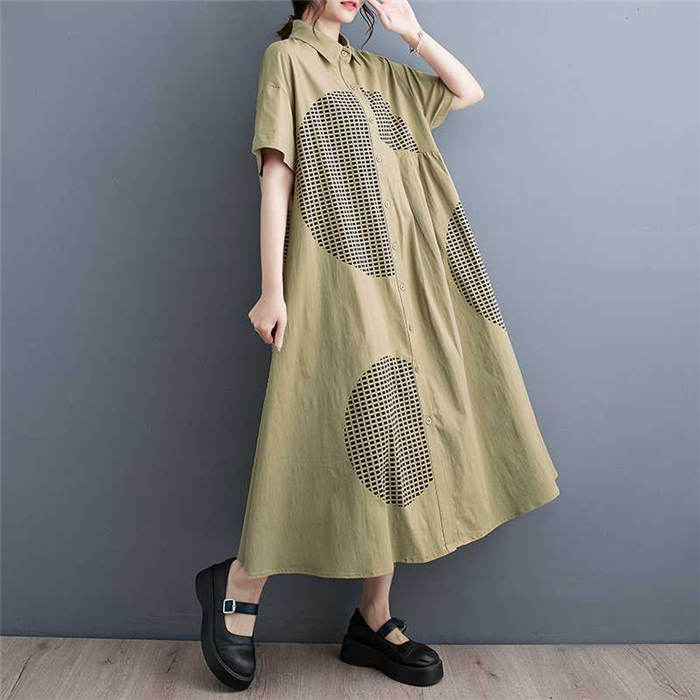 シャツ ワンピース 半袖 夏 シャツワンピース ロング ミモレ丈 aラインワンピース フレア ロングワンピース 大きいサイズ ゆったり 体型カバー aライン アシンメトリー タック 幾何柄 ビッグシルエット 美脚 通勤 レイヤード 着痩せ 50代 30代 40代 新作 送料無料 黒