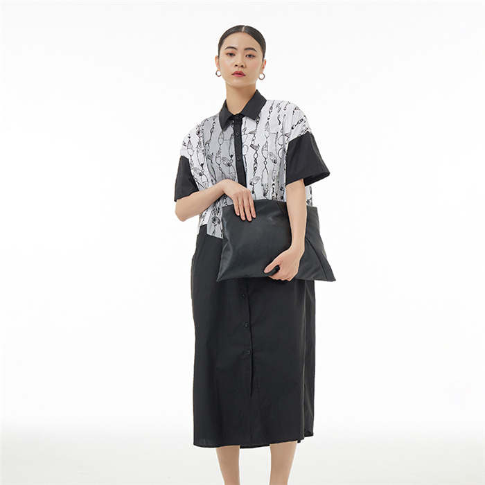 シャツ ワンピース レディース 夏 半袖 ロングワンピース ロング丈 ミモレ丈 ビッグシルエット シャツワンピース ゆったり ゆる カジュアル オシャレ ファッション オーバーサイズ 大きいサイズ 体型カバー 無地×柄 配色 30代 40代 50代 通勤 オフィス 黒