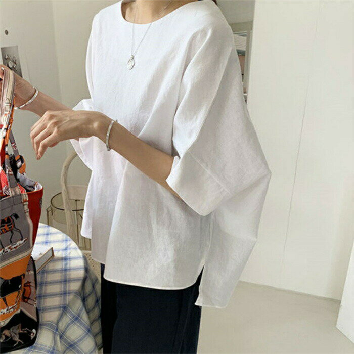 乐天商城 - 送料無料 ブラウス レディース ゆったり tシャツ ブラウス 半袖 トップス プルオーバー カジュアル 綿麻調 ブラウス スリット 大きいサイズ 体型カバー 着瘦せ 通勤 無地 春 夏 シンプル 上品 着回し コットン リネン 定番 30代 40代 50代
