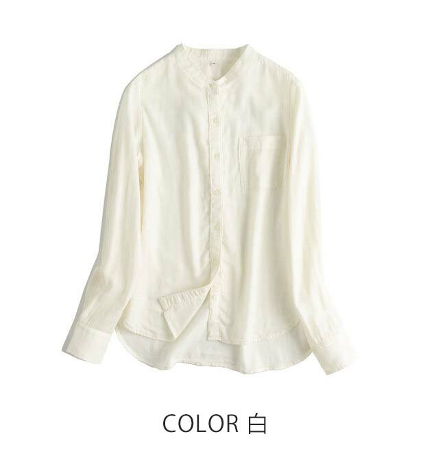 コットン100% シャツ ブラウス レディース 長袖 ダブルガーゼ バンドカラー シャツ...