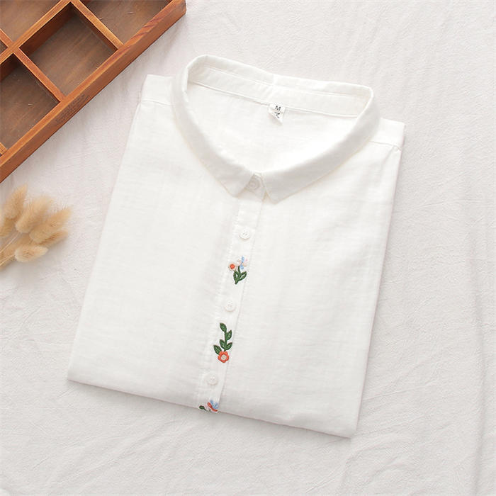 ガーゼシャツ 綿100％ シャツブラウス レディース 五分袖 花柄 刺繍 シャツ ブラウ...