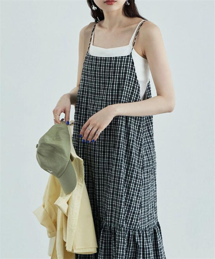 チェック柄 キャミワンピース レディース 夏 キャミソール ワンピース ロング ジャンパースカート フレア ワンピース Aライン ティアードワンピース サロペット スカート オールインワン ジャンスカ 春 夏 ロング丈 ゆったり マタニティ 楽ちん 体型カバー 重ね着 黒