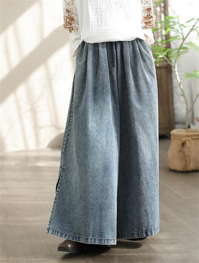 ワイドパンツ デニムパンツ ガウチョパンツ パンツ レディース 春 夏 秋 サイドス...