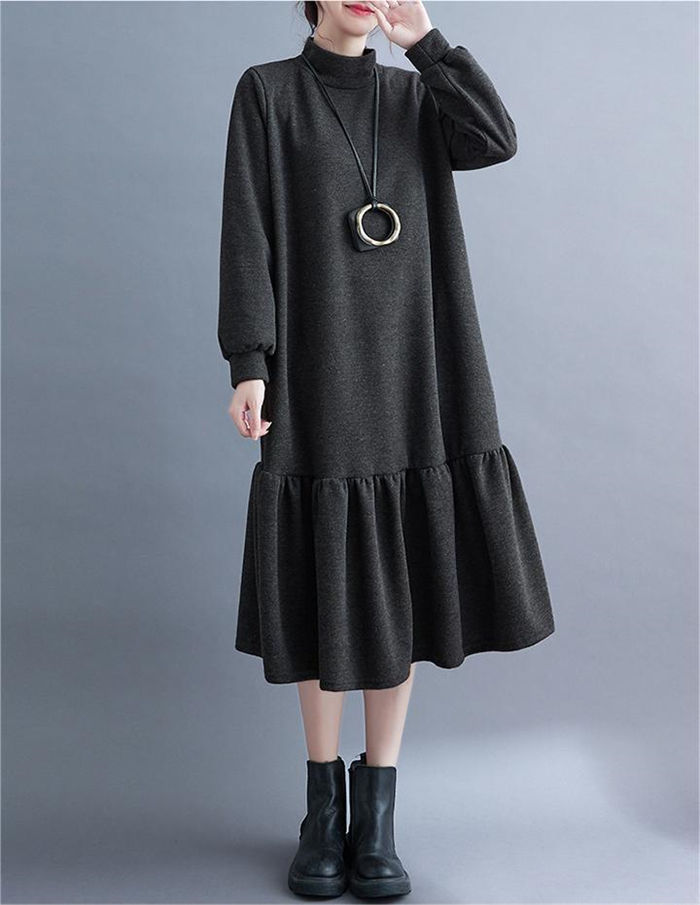 ワンピース レディース 秋 冬 春 長袖 カジュアル aライン 秋冬 ミモレ丈 チュニック スタンダードカラー ロングワンピース 50代 切り替え 切替ワンピース aラインワンピース フレアワンピース ゆったり 無地 大きいサイズ 暖かい あったか 体型カバー 通勤 30代 40代