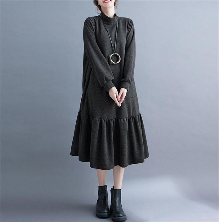 ワンピース レディース 秋 冬 春 長袖 カジュアル aライン 秋冬 ミモレ丈 チュニック スタンダードカラー ロングワンピース 50代 切り替え 切替ワンピース aラインワンピース フレアワンピース ゆったり 無地 大きいサイズ 暖かい あったか 体型カバー 通勤 30代 40代