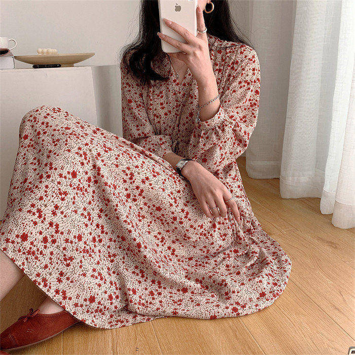 花柄 ワンピース 長袖 ロング フレアワンピース aラインワンピース 総柄 ミモレ丈 レディース ロングワンピース 春秋 おしゃれ フレア ハイウエスト ティアード リボン aライン おしゃれ ワンピ 春 秋 オフィス 通勤 上品 着痩せ vネック 重ね きれいめ 30代 40代 50代