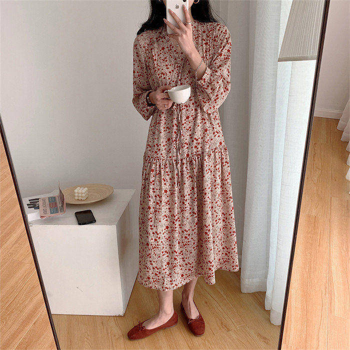 花柄 ワンピース 長袖 ロング フレアワンピース aラインワンピース 総柄 ミモレ丈 レディース ロングワンピース 春秋 おしゃれ フレア ハイウエスト ティアード リボン aライン おしゃれ ワンピ 春 秋 オフィス 通勤 上品 着痩せ vネック 重ね きれいめ 30代 40代 50代