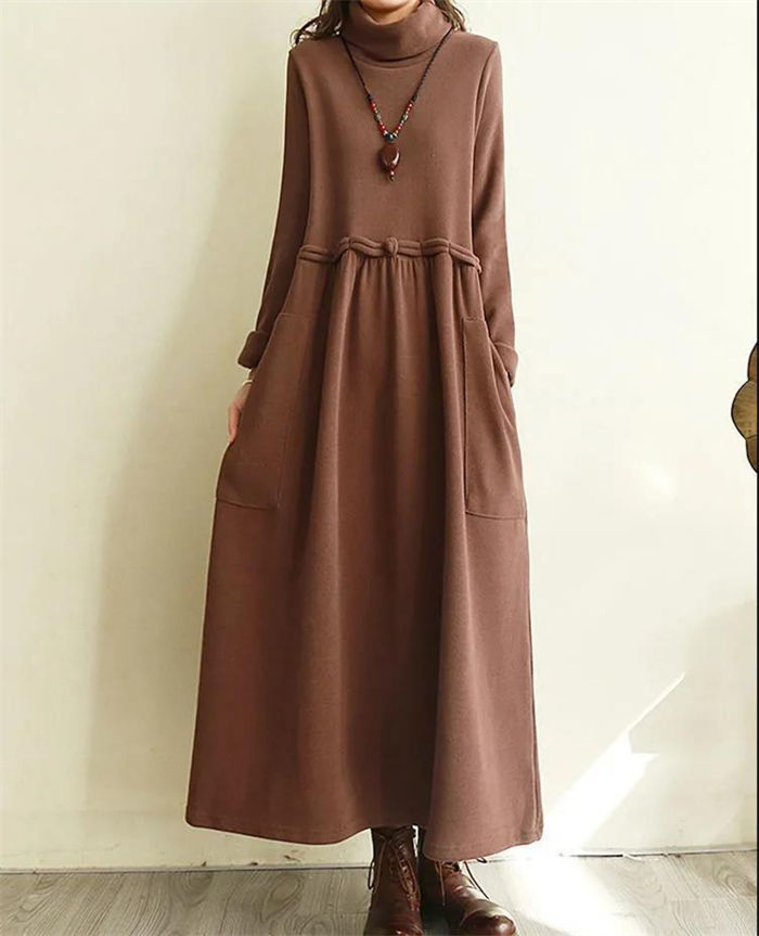 ワンピース レディース 長袖 秋 春 ロングワンピース Aライン タートルネック ハイネック シンプル ベーシック 大人 ナチュラル 無地 マタニティ 大きいサイズ ゆったり 体型カバー ゆる ふんわり ハイウエスト ギャザー チャイナボタン 30代 40代 50代 黒 ブラック