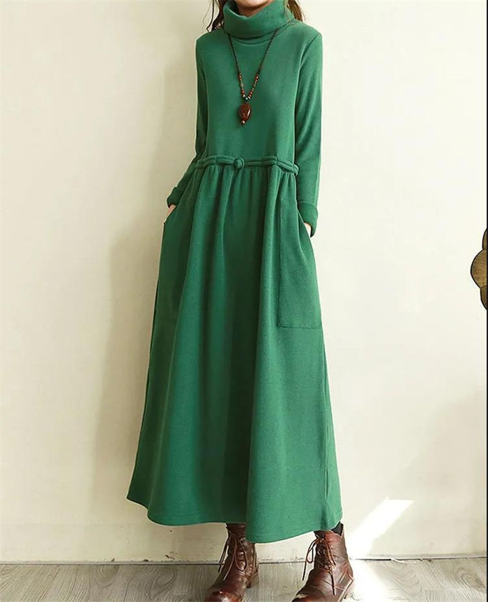 ワンピース レディース 長袖 秋 春 ロングワンピース Aライン タートルネック ハイネック シンプル ベーシック 大人 ナチュラル 無地 マタニティ 大きいサイズ ゆったり 体型カバー ゆる ふんわり ハイウエスト ギャザー チャイナボタン 30代 40代 50代 黒 ブラック