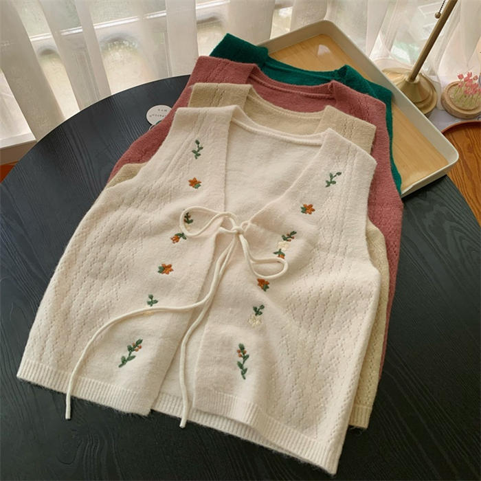 花柄 刺繍 ニット ベスト レディース コーデ 春 サマー ベスト 春秋 前開き ニット...