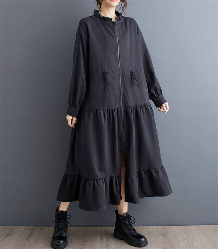 ティアードワンピース 春 秋 フレアワンピース 長袖 ロングワンピース ロング aライン ティアード フレア 無地 フリルネック ライトアウター スプリングコート 大きいサイズ ゆったり 体型カバー 春秋 秋冬 切り替え 美脚 通勤 着痩せ 上品 きれいめ 重ね着 黒 送料無料