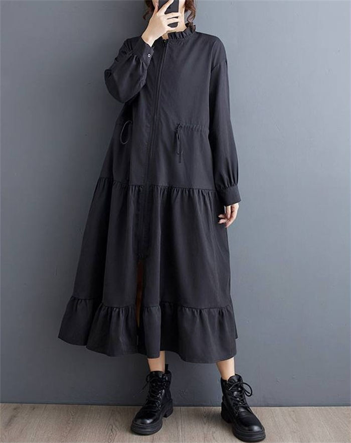 ティアードワンピース 春 秋 フレアワンピース 長袖 ロングワンピース ロング aライン ティアード フレア 無地 フリルネック ライトアウター スプリングコート 大きいサイズ ゆったり 体型カバー 春秋 秋冬 切り替え 美脚 通勤 着痩せ 上品 きれいめ 重ね着 黒 送料無料