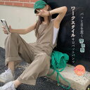 即納 綿100% サロペット パンツ 夏 レディース ノースリーブ オールインワン サロペットパンツ コンビネゾン ワイドパンツ ロングパンツ ポケット付き 大...
