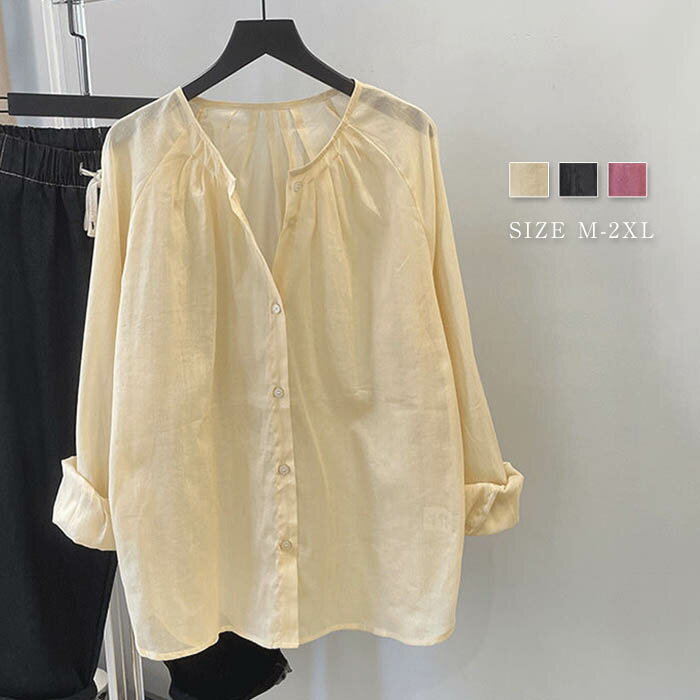 シャツ レディース ブラウス 夏 麻 長袖 シャツブラウス シースルー 薄手 冷房対策 涼しい uvカット 前開き 羽織り シンプル カジュアル ナチュラル 春夏 大人 無地 バンドカラー リネン 体型カバー ゆったり 着痩せ 着心地 通学 通勤 黒 ブラック 送料無料