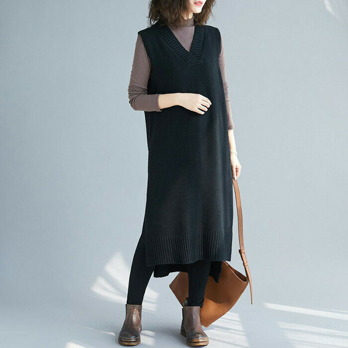 ジャンパースカート ニットベスト レディース Vネック ニット ロングベスト 秋冬 ニットワンピース 無地 重ね着 定番 送料無料 ナチュラル ノースリーブ カジュアル 大人 ハンサム シンプル おしゃれ プルオーバー 秋冬物 通勤 30代 40代 レイヤード 重ね着 定番