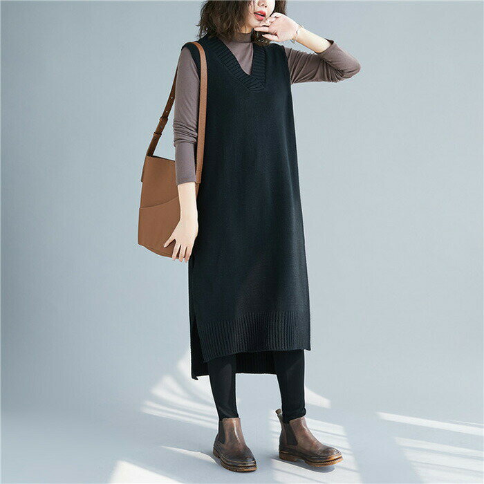 ジャンパースカート ニットベスト レディース Vネック ニット ロングベスト 秋冬 ニットワンピース 無地 重ね着 定番 送料無料 ナチュラル ノースリーブ カジュアル 大人 ハンサム シンプル おしゃれ プルオーバー 秋冬物 通勤 30代 40代 レイヤード 重ね着 定番