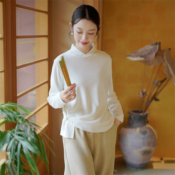 乐天商城 - ブラウス レディース 長袖 春 秋 コットン tシャツ チャイナボタン インナー 切り替え おしゃれ プルオーバー シャツブラウス オフィス トップス ゆったり リラックス ナチュラル シンプル 大きいサイズ カジュアル 柔らかい 綿 仕事 通勤 着痩せ 春秋物 新作 上品 黒