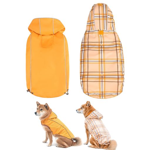 BINGPET犬レインコートカッパ雨具服防水防風防雪帽子付き夜間反射性犬服調節可能ペット服犬の服リードホールマジックテープチェック柄専門素材防水性がばっちり梅雨...