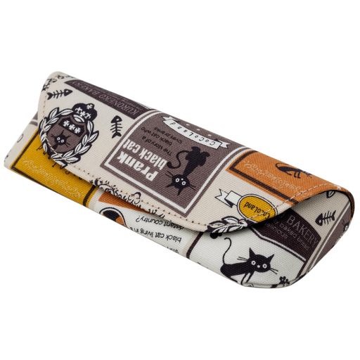 パール(Pearl)メガネケースセミハードケースマグネット式黒ネコワッペン柄レトロベージュイエロー092910