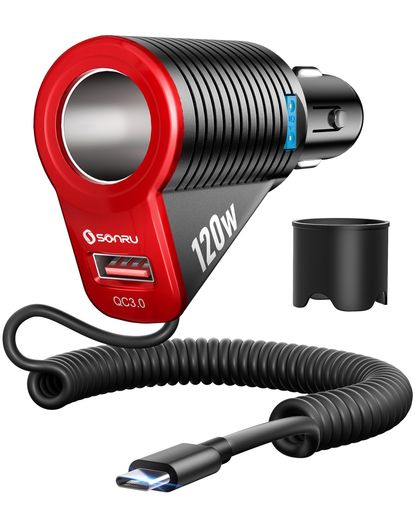 【2025人気ア最新型】120wシガーソケット増設USB-Cカーチャージャー【1.8mタイプCコイルケーブル付き】..