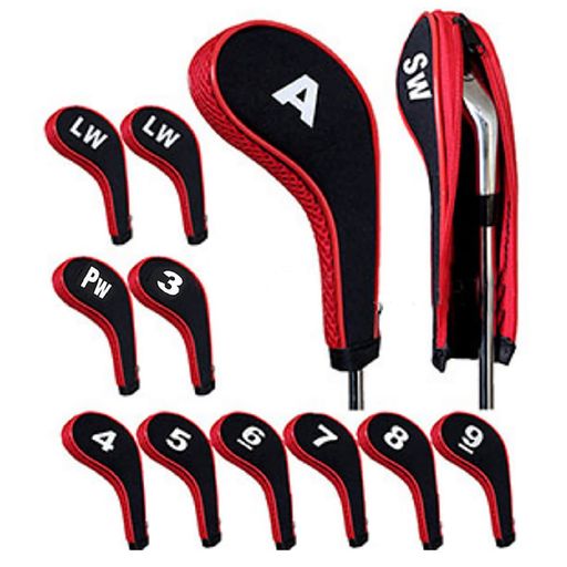 Saki&Masaアイアンカバーゴルフヘッドカバーセット番手付き番手プリントファスナー付きロングネック12個セット(レッド)