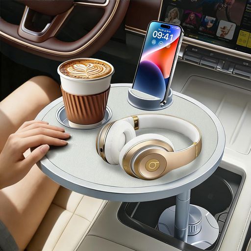 車載テーブルドリンクホルダーに取付車トレイ助手席/運転席/後部座席対応車パソコンテーブル360°回転車机高さ調整高級レザーx車規格アルミカップホルダー&スマホスタンド付車中泊・休…