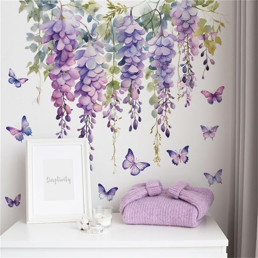 WALLMEII ウォールステッカー 藤 花のつる 紫 蝶 おしゃれ 植物の花 ステッカー 剥がせる ウォールシール リビング ベッドルーム 子供部屋 部屋の壁紙 シール インテリア DIY 部屋飾り