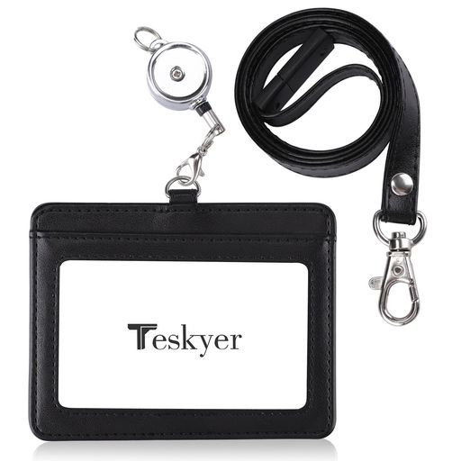 TeskyerIDカードホルダー首掛け横型カードホルダー両面社員証分離可能なバックル伸縮リール付きPUレザ..