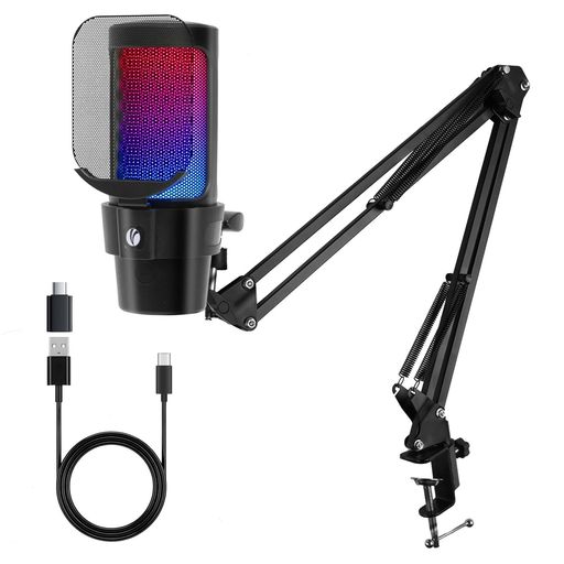 VCOM RGB USB ゲーミングマイク コンデンサーマイクセット PC マイク単一指向性 調整可能スタンド付き 音量調整/ミュート/RGB切替 ゲーム実況/録音/YouTube配信向け Windows/Mac/PS4/PS5対応