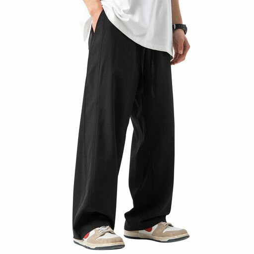 [Easykode]冷感ワイドパンツメンズ涼しいズボン夏服アイスシルクパンツロング丈ボトムスストレートイージーぱんつ夏用ゆったり無地スラックス軽快大きいサイズカジュアルmenpants春夏black2XL