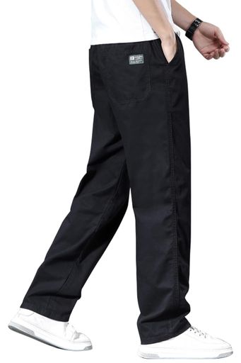 [Kayiyasu]チノパンメンズ大きいサイズXS-4XLファスナー付き前開きウエストゴムズボンパンツリラックスボトムス綿調整紐ゆったりずぼんかっこいい無地薄手おしゃれ(Lブラック)