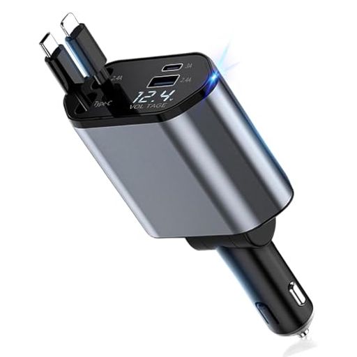 一木良品【2025年4月改良・4台同時利用!車用急速充電器】シガーソケット4in1車用自動巻き取り式180度角度調整可能LEDデジタル表示急速充電全車種対応全スマホ対応iPhoneAndroidusbカーチャージ…