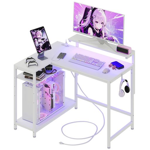 【モニター台2個付き・棚板高さ調節可能】LunarLight PCパソコンデスク 幅110奥行80高さ72cm コンセントとフック付き テレワーク