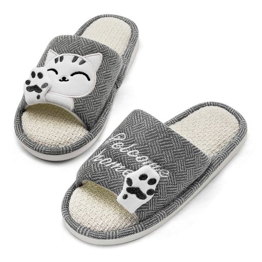 [Mishansha]スリッパ前開きルームシューズ亜麻メンズレディース室内履き猫柄来客用部屋用軽量静音オールシーズン対応