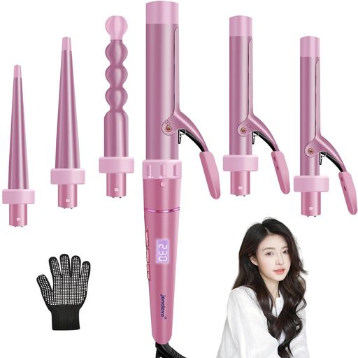 janeloveヘアアイロン6イン1カールアイロンセット80°C-230°C16段階温度調節30秒間急速加熱ピンクコテカールアイロンヘアアイロンカール