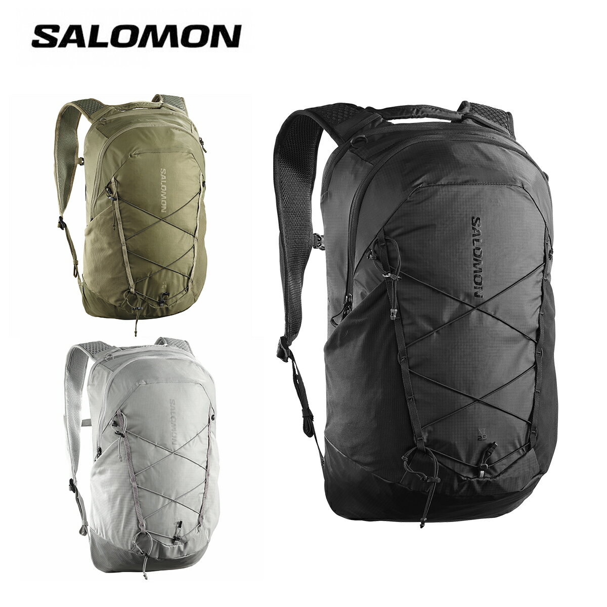 メーカー希望小売価格はメーカーカタログに基づいて掲載しています SALOMON サロモン バッグ ケース / バックパック■【LC285】 XT 25 エックスティー25 COLOR・BLACK・Martini Olive/OLIVE NIGHT/SLATE GR・PALOMA/Cloudburst素材本体の切り替え部分:100% ナイロン背面の切り替え部分:100% ポリエステル裏地:100% ポリエステル背面:100% ポリエステル本体:100% ナイロンポケット部分:87% ナイロン, 13% ポリウレタン寸法（長さx幅x奥行cm）51 x 30 x 20仕様・重量：595g・容量：25L・背面の長さ：51cm・大きさ目安：21L ＞ 30L※メーカー企画書の情報で商品登録を行っております。予告なしに商品名と仕様変更される場合がございます。