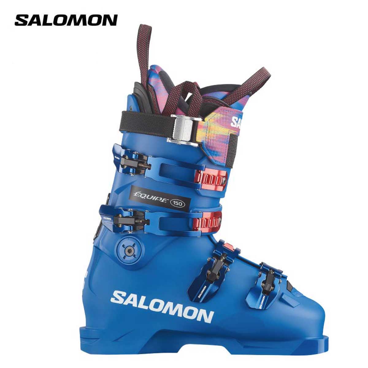 SALOMON サロモン スキーブーツ■EQUIPE 130 エキップ 130フレックス（硬さ）：130ラスト（幅）：92mmCOLOR・Race Blue/White/Equipe RedSIZE・22.5cm、23.5cm、24.5cm、25.5cm、26.5cm、27.5cm、28.5cm(half size only)WEIGHT (g)・2174 (1/2pair) (26.5cm)SHELL・PolyurethaneLINER・Skinfit Race・Race Footbed・12mm Back SpoilerCUFF/STRAP/TIGHTENING・Polyurethane・Backbone 2screws・Adjustable 65mm Dual Claw・4 Screwed Aluminium BucklesPADS・Plain Chassis・Optional Race LiftersADJUSTMENT・Screwed Cuff Alignment Pivot・Laces in the box・FULL SERVICE・CUSTOM TANGUE 2・SKINFIT RACE原産国：ROMANIA製SLとGSのテクニカル系種目に向けた純レーシングブーツ。EQUIPE 150 と同じ機能を有し、フレックスを若干ソフトな130に設定したモデル。※メーカー企画書の情報で商品登録を行っております。予告なしに商品名と仕様変更される場合がございます。