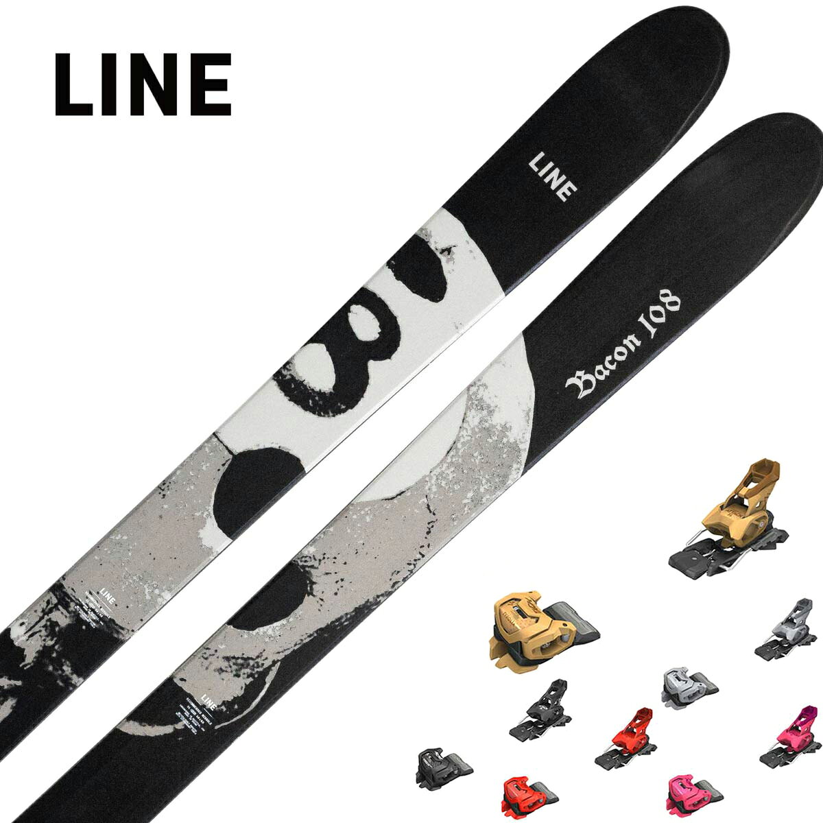 LINE ライン スキー板■BACON 108ベーコン 108■172cm R：( - m)サイドカット：(142/108/137 mm)■178cm R：( - m)サイドカット：(142/108/137 mm)■184cm R：(17.4 m)サイドカット：(142/108/137 mm)PROFILE12-2-12 @ 184CONSTRUCTIONAspen MapleWEIGHT2180g @ 184SUPER POWERSBio-ResinThick Cut SidewallThin TipBacon 108 は、パウダーから圧雪バーン、パークまで一本でこなせる万能なフリースタイルスキー。優れた浮力、軽快な操作性、高い耐久性を兼ね備え、山全体を自由に遊び尽くしたいスキーヤーのためのモデルです。※メーカー企画書の情報で商品登録を行っております。予告なしに商品名と仕様変更される場合がございます。