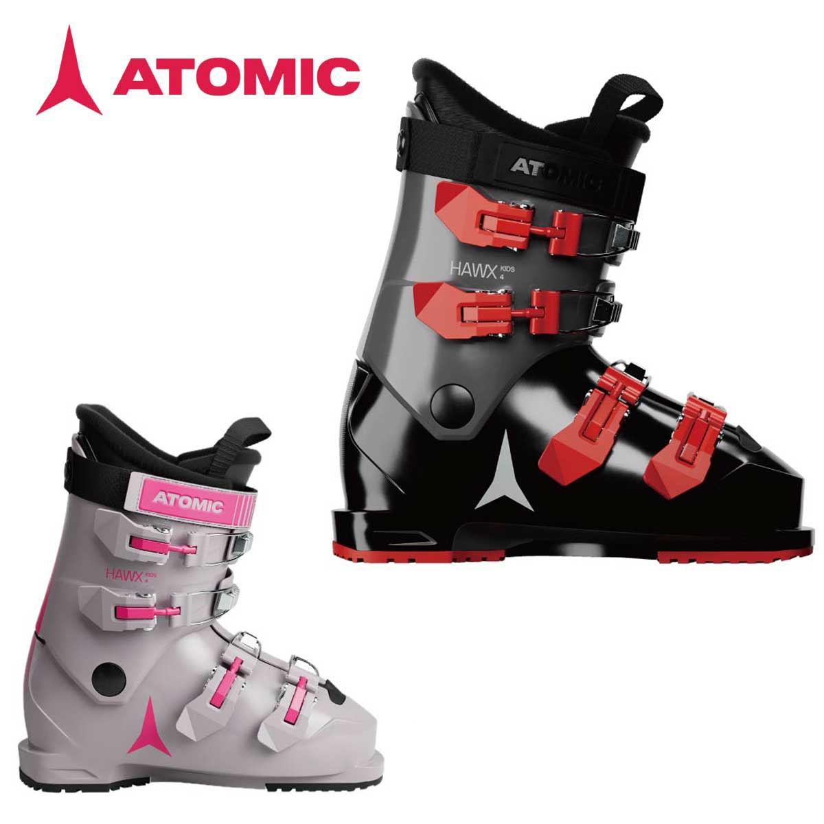 ATOMIC アトミック スキーブーツ■HAWX KIDS 4ホークス キッズ 4フレックス（硬さ）：-ラスト（幅）：98mm Junior Last■COLOR・Black/Limestone/Red：AE5035980・Dust/Pink：AE5031520■SIZE22/22.5-27/27.5：Black/Limestone/Red22/22.5-26/26.5：Dust / Pink■Shell TechnologyProliteJunior Performance ShellPower Chassis■Shell/Cuff MaterialPP Shell / PP Cuff■Cuff HeightLow Cuff - All Sizes■Liner ModelTeam Silver Liner■Liner TechnologyFully Heat MoldableJuniorTongueProfile■Power Strap30mm Velcro Strap■Cuff ClosurePolycarbonate Buckles■Shell Closure4-Buckle Closure SystemPolycarbonate Buckles■Forward Lean15°■Ramp Angle4°■Boot SoleRTX Single Component Grip Pads■NormAlpine ISO 5355■Weight (g) / Boot(Size)1,387 / 24-24.5■What’s in the boxSize Adjuster■原産国Romaniaすでにシュレッドしているお子様で、ご両親のレッスンを受けさせたいと考えている方はいませんか？アトミックホークスキッズ4スキーブーツが必要です。コンパクトな4バックル構造で、大人のスキーヤーが履くブーツと同じように、ぴったりとしたサポートが得られます。※メーカー企画書の情報で商品登録を行っております。予告なしに商品名と仕様変更される場合がございます。