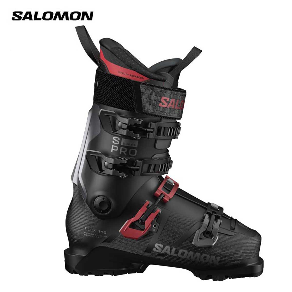 SALOMON サロモン スキーブーツ■S/PRO SUPRA 110 S/PRO スープラ 110フレックス（硬さ）：110ラスト（幅）：100-106mmCOLOR・Black/Samba Met./Beluga Met.SIZE・24.0/24.5cm、25.0/25.5cm、26.0/26.5cm、27.0/27.5cm、28.0/28.5cm、29.0/29.5cm、30.0/30.5cm、31.0/31.5cmWEIGHT (g)・1905(1/2pair)(26.5cm)SHELL/CUFF・Polyurethane・Custom shell HD・3D Instep Shell・Power SpineLINER・S/PRO CF Advanced 4D・Light2 FootbedSTRAP/TIGHTENING・Riveted Velcro 45mm・4 Riveted Aluminium 3D BucklesPADS・Gripwalk premounted ISO 23223ADJUSTMENT・Riveted Cuff Alignment Pivot・GRIPWALK原産国：ROMANIA製S/PRO SUPRA 120と同等の機能を有し、優れたフィット感とパワー伝達性能を発揮。フレックスを若干柔らかめの110にセットすることで、非力なスキーヤーでも力強いターンを描くことができます。※メーカー企画書の情報で商品登録を行っております。予告なしに商品名と仕様変更される場合がございます。