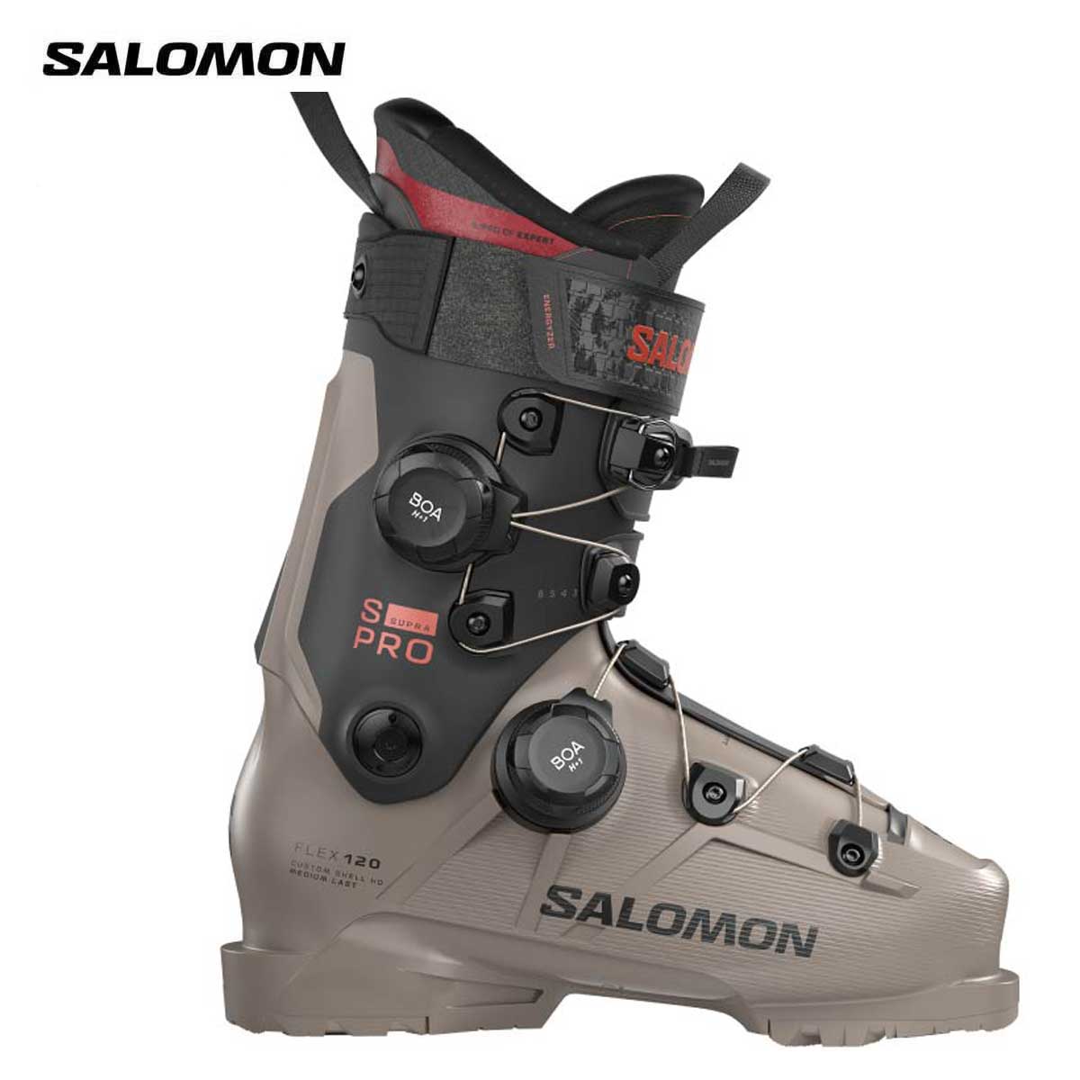 SALOMON サロモン スキーブーツ■S/PRO SUPRA DUAL BOA 120 S/PRO スープラ　デュアル ボア 120フレックス（硬さ）：120ラスト（幅）：100-106mmCOLOR・Rosted Cashew/Black/Samba Met.SIZE・24.0/24.5cm、25.0/25.5cm、26.0/26.5cm、27.0/27.5cm、28.0/28.5cmWEIGHT (g)・1870(1/2pair)(24.5cm)SHELL/CUFF・Polyurethane・Exowrap・Sensifit Insert・Power Spine・Custom shell HDLINER・S/pro CF Expert 4D・Light2 Footbed・Custom TangueSTRAP/TIGHTENING・Screwed Energyzer Velcro 45mm・2 screwed BOA fit systemPADS・Gripwalk premounted ISO 23223ADJUSTMENT・Screwed Cuff Alignment Pivot・6mm Back Spoiler Premounted・GRIPWALK・DUAL BOA・FULL SERVICE原産国：ROMANIA製フィット感の革命を引き起こす、デュアルBOA採用120フレックスの上級者向けモデル。カフの的確なホールド感とシェルの正確かつ快適なフィット感が特徴。快適性をキープしながら、優れたコントロール力を発揮します。※メーカー企画書の情報で商品登録を行っております。予告なしに商品名と仕様変更される場合がございます。