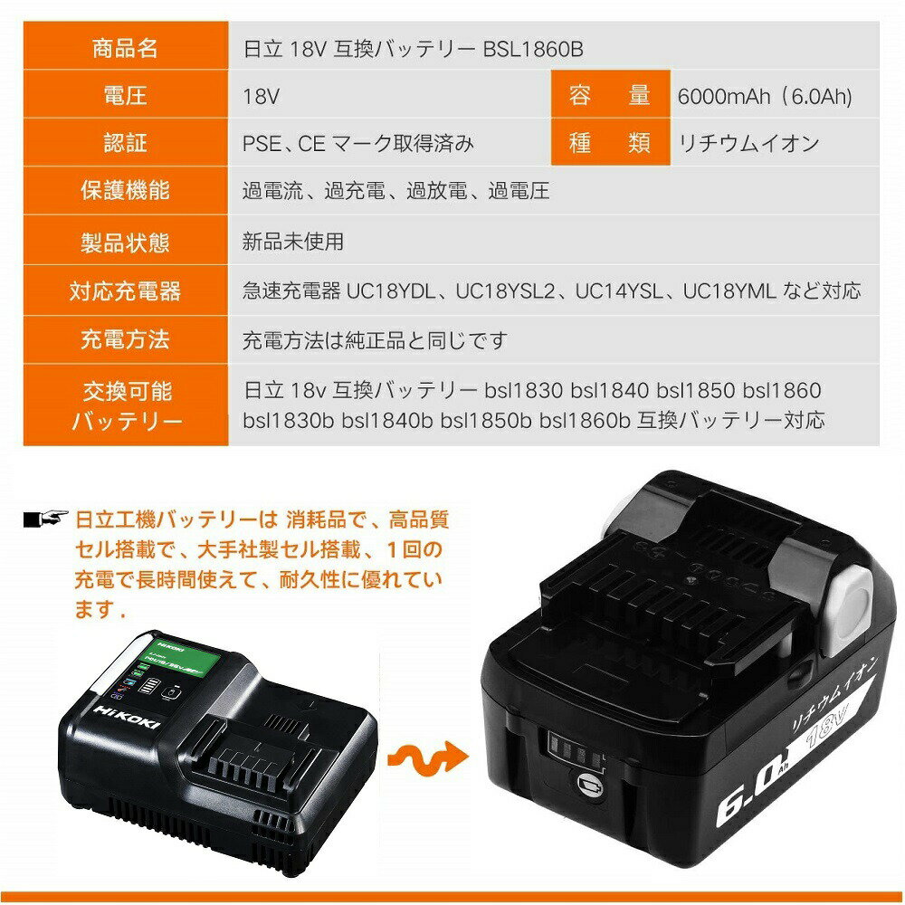 BSL1860B 2個セット 日立工機 18v 6.0Ah 6000mAh 互換 バッテリー リチウムイオン 蓄電池 日立 日立工機 インパクトドライバー ドリル 丸ノコ 電動工具 ハンディー 掃除機 コードレス クリーナー 交換用電池 純正 充電器 バッテリー 対応